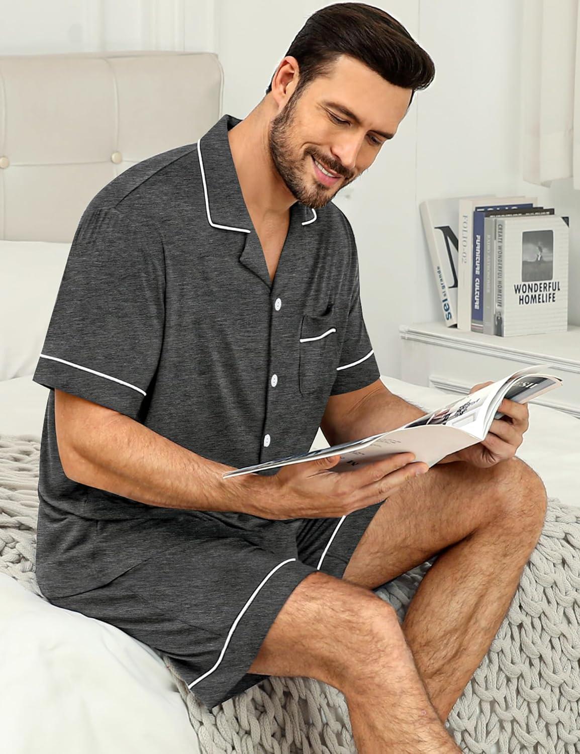 imageSWOMOG Mens Pajama Sets Short Sleeve Sleepwear Button Down Loungewear Soft Modal Lounge Pjs with Pockets SXXLDark Grey