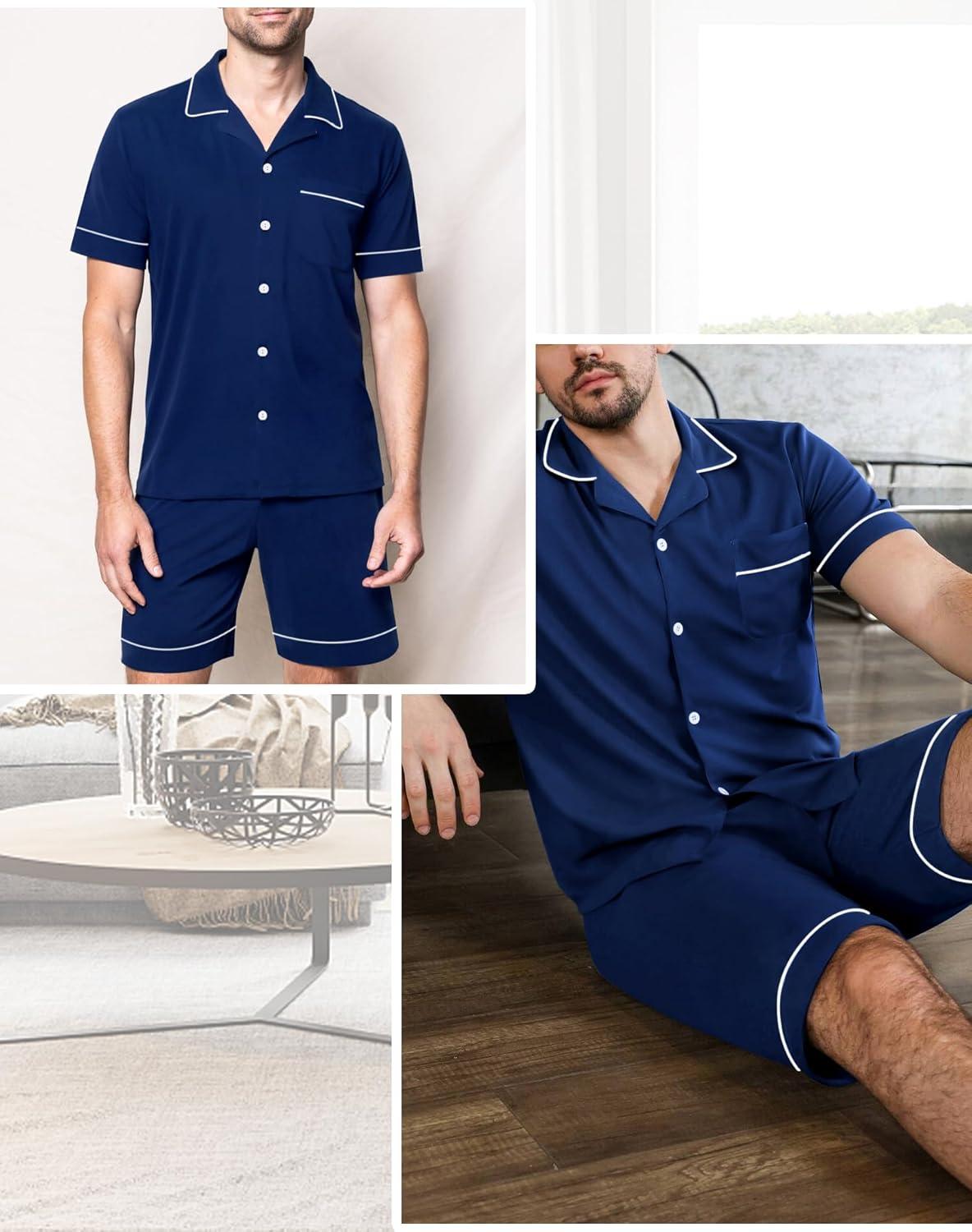 imageSWOMOG Mens Pajama Sets Short Sleeve Sleepwear Button Down Loungewear Soft Modal Lounge Pjs with Pockets SXXLNavy Blue