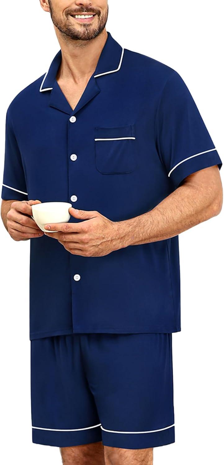 imageSWOMOG Mens Pajama Sets Short Sleeve Sleepwear Button Down Loungewear Soft Modal Lounge Pjs with Pockets SXXLNavy Blue