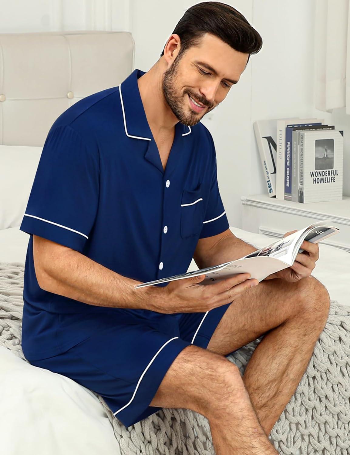 imageSWOMOG Mens Pajama Sets Short Sleeve Sleepwear Button Down Loungewear Soft Modal Lounge Pjs with Pockets SXXLNavy Blue