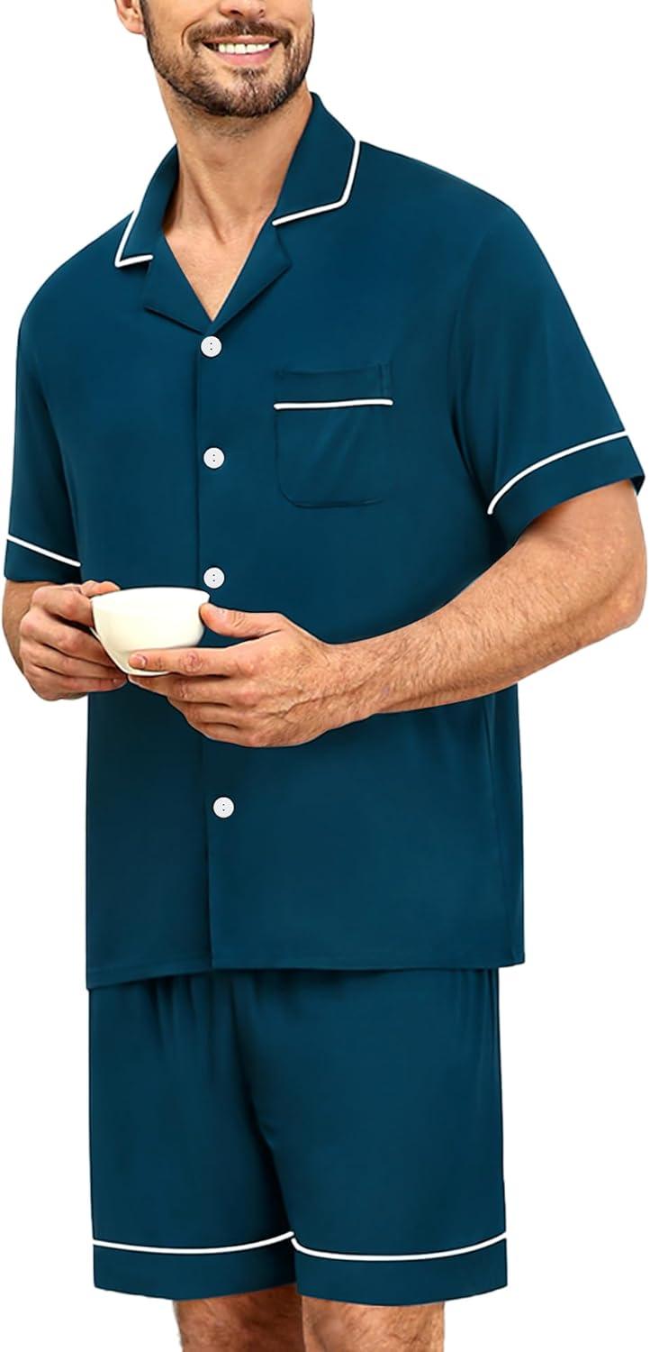 imageSWOMOG Mens Pajama Sets Short Sleeve Sleepwear Button Down Loungewear Soft Modal Lounge Pjs with Pockets SXXLOxford Blue
