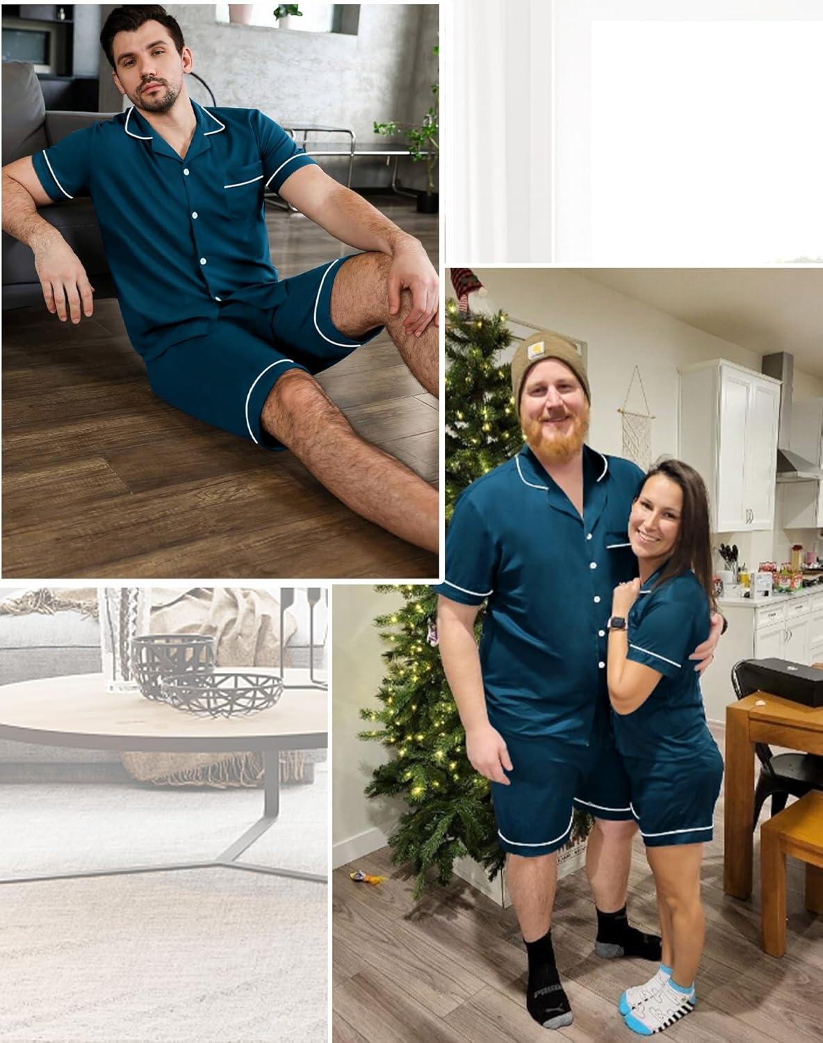 imageSWOMOG Mens Pajama Sets Short Sleeve Sleepwear Button Down Loungewear Soft Modal Lounge Pjs with Pockets SXXLOxford Blue