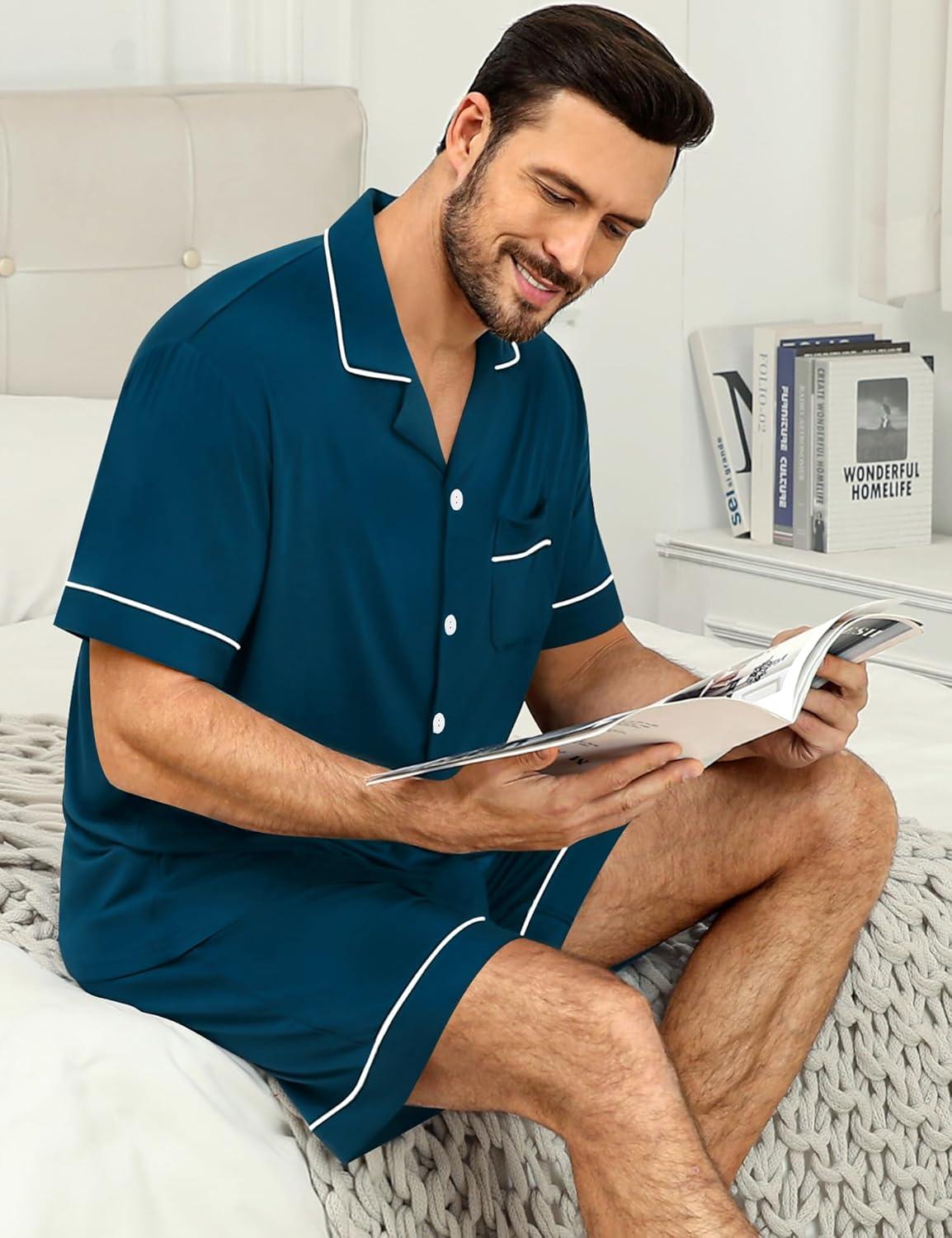 imageSWOMOG Mens Pajama Sets Short Sleeve Sleepwear Button Down Loungewear Soft Modal Lounge Pjs with Pockets SXXLOxford Blue