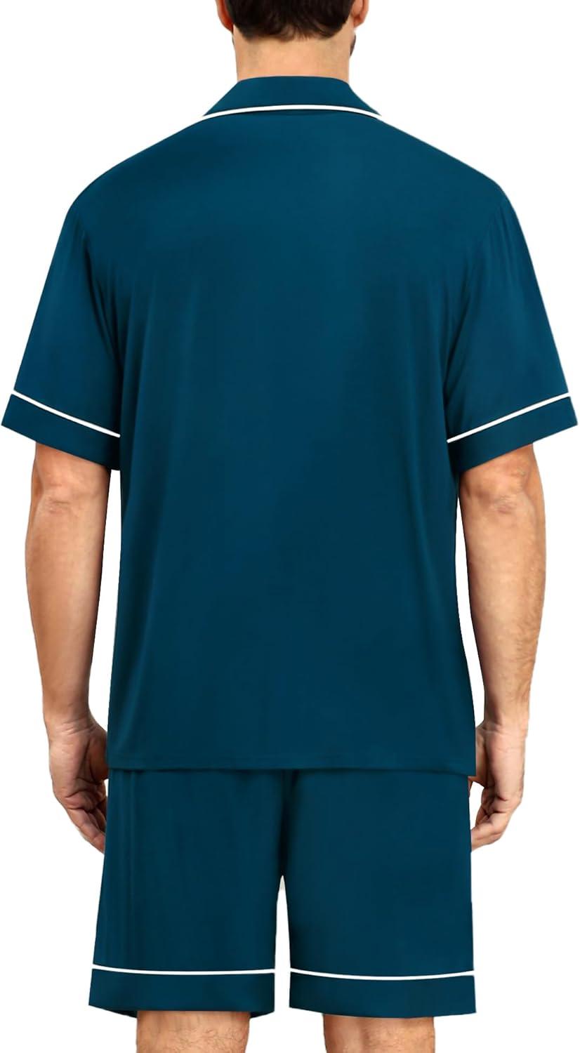 imageSWOMOG Mens Pajama Sets Short Sleeve Sleepwear Button Down Loungewear Soft Modal Lounge Pjs with Pockets SXXLOxford Blue