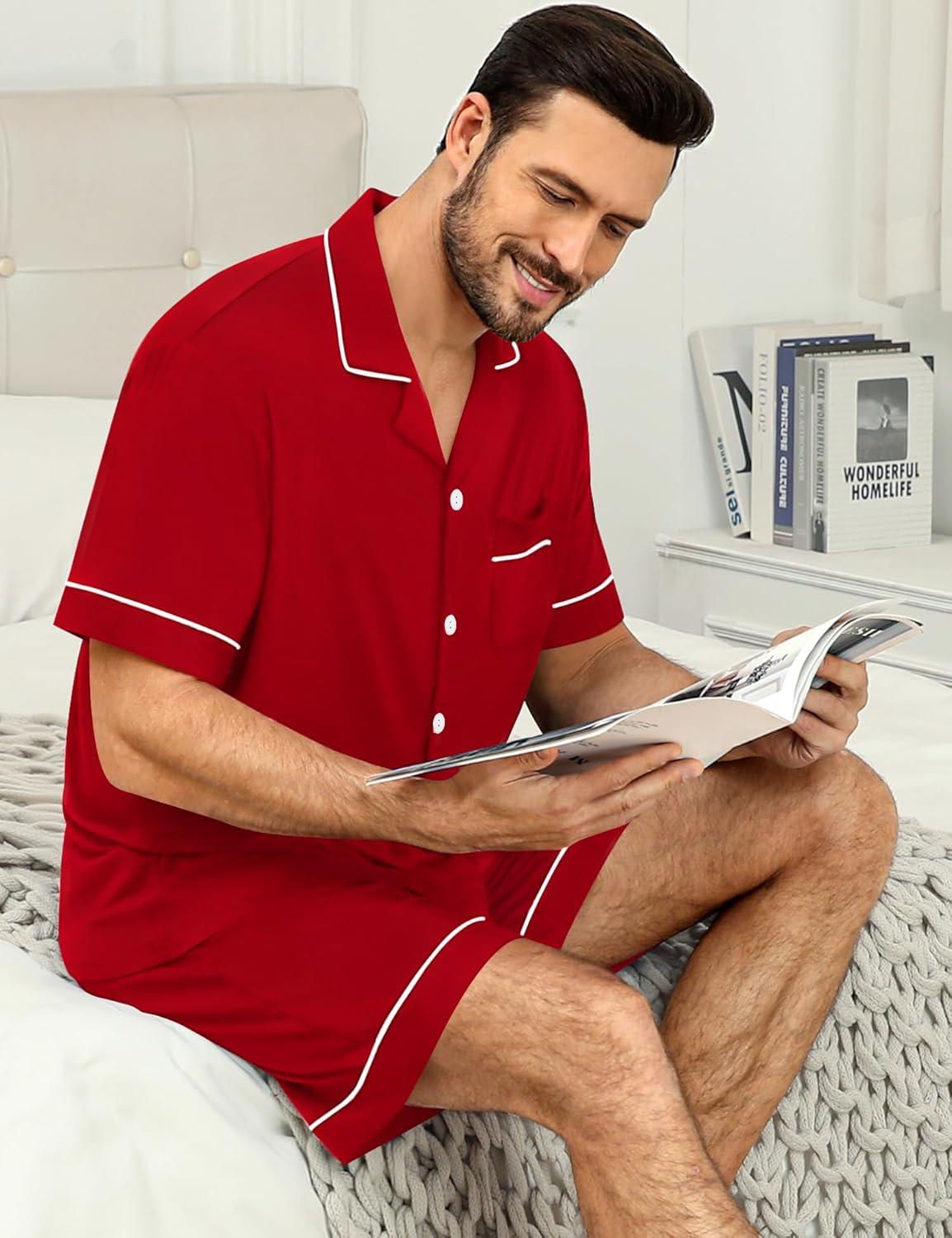 imageSWOMOG Mens Pajama Sets Short Sleeve Sleepwear Button Down Loungewear Soft Modal Lounge Pjs with Pockets SXXLRed