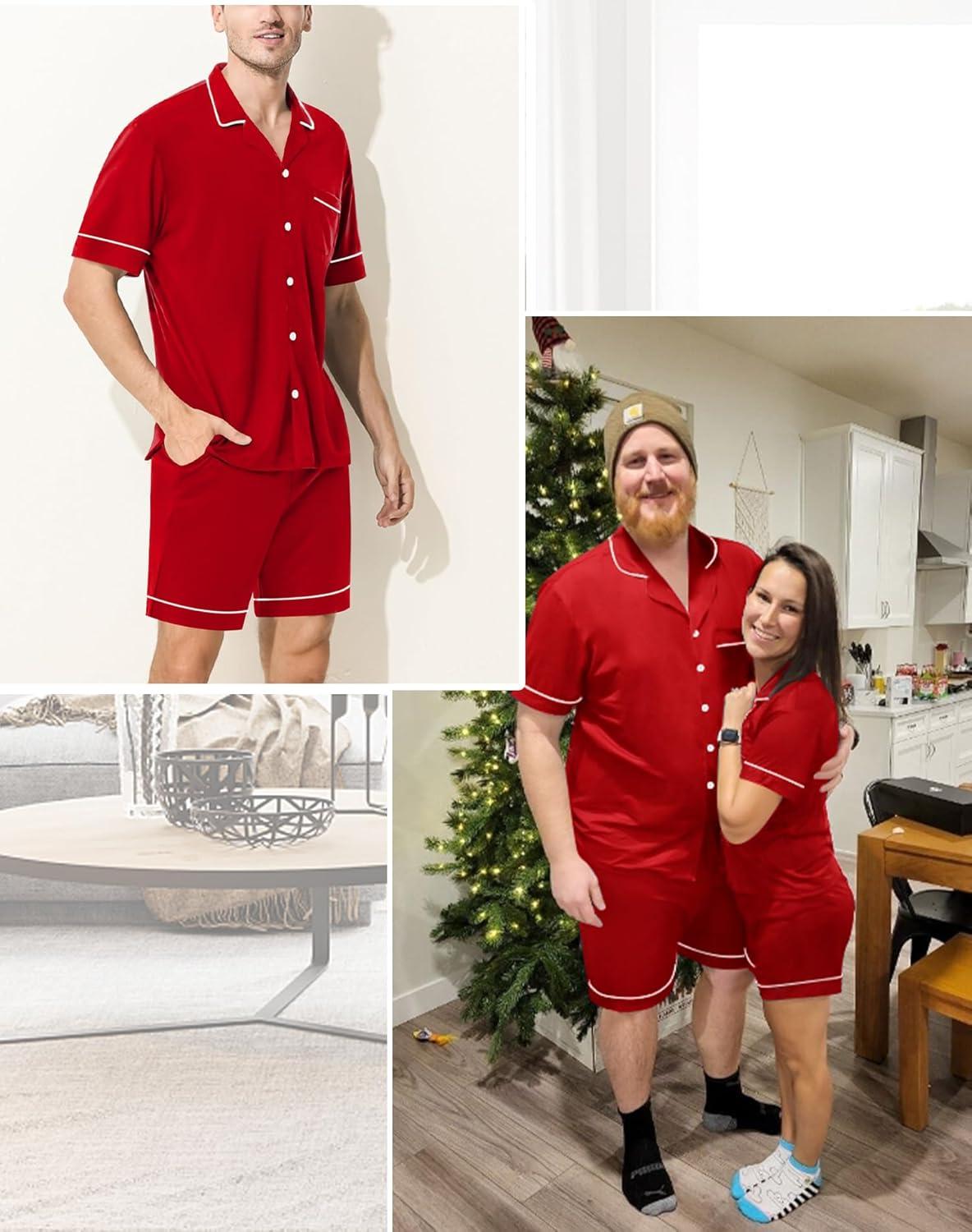 imageSWOMOG Mens Pajama Sets Short Sleeve Sleepwear Button Down Loungewear Soft Modal Lounge Pjs with Pockets SXXLRed