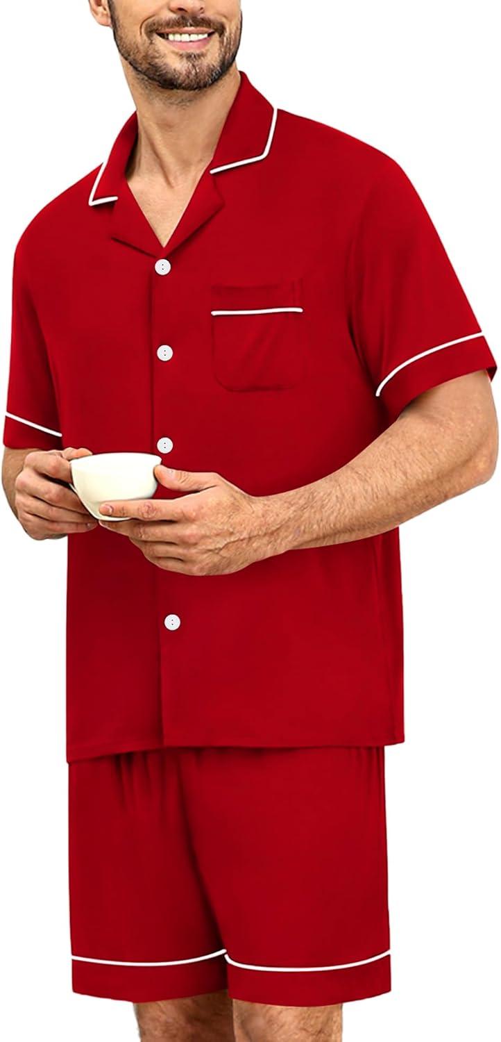 imageSWOMOG Mens Pajama Sets Short Sleeve Sleepwear Button Down Loungewear Soft Modal Lounge Pjs with Pockets SXXLRed