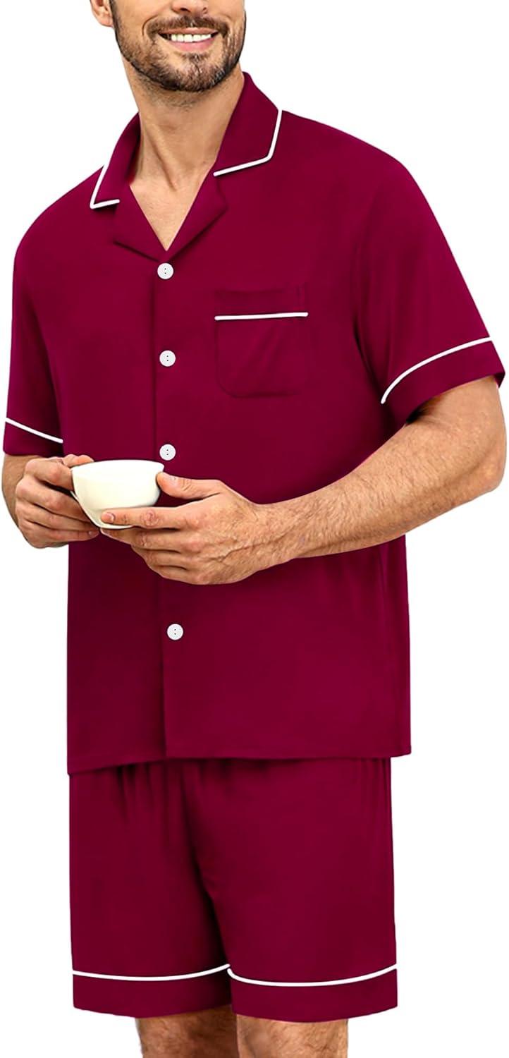 imageSWOMOG Mens Pajama Sets Short Sleeve Sleepwear Button Down Loungewear Soft Modal Lounge Pjs with Pockets SXXLWine Red
