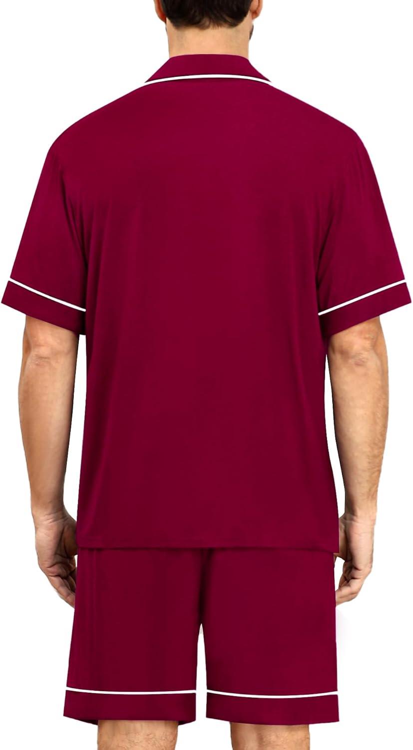 imageSWOMOG Mens Pajama Sets Short Sleeve Sleepwear Button Down Loungewear Soft Modal Lounge Pjs with Pockets SXXLWine Red