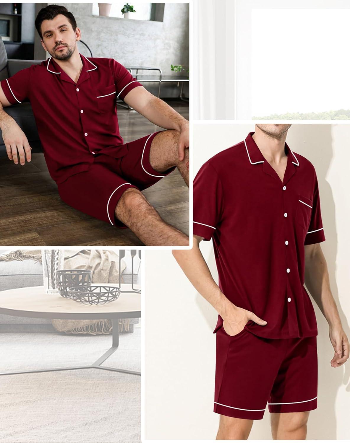 imageSWOMOG Mens Pajama Sets Short Sleeve Sleepwear Button Down Loungewear Soft Modal Lounge Pjs with Pockets SXXLWine Red