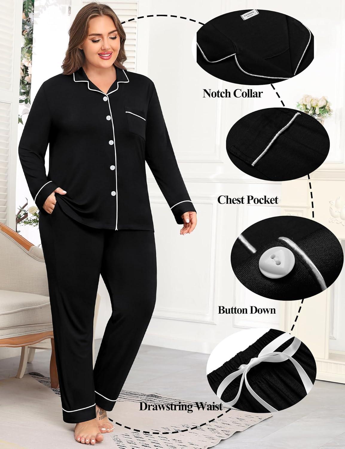 imageSWOMOG Womens Plus Size Pajamas Set Long Sleeve Sleepwear Button Down Tops Soft Pajama Pants 2 Pcs Lounge Sets with PocketBlack