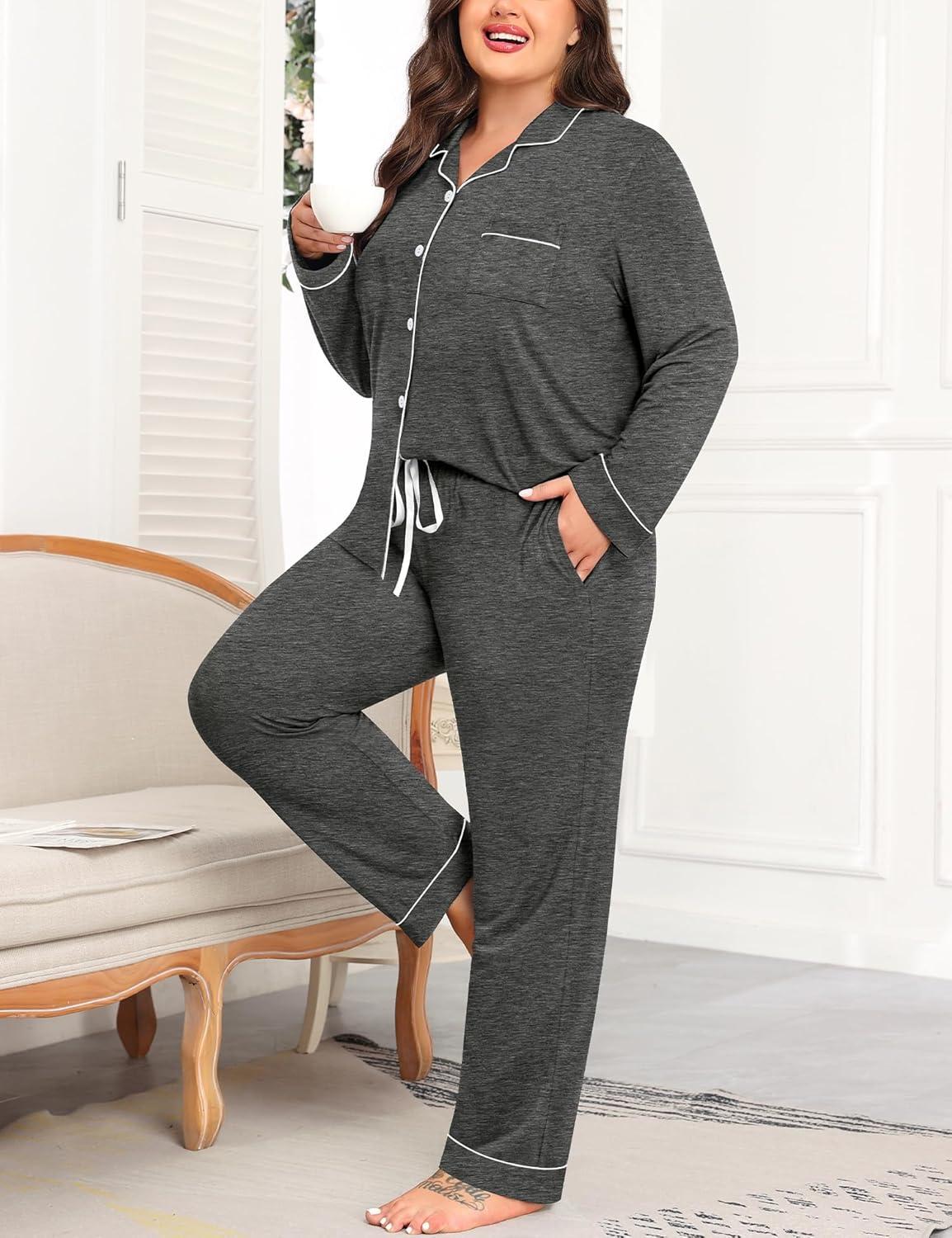 imageSWOMOG Womens Plus Size Pajamas Set Long Sleeve Sleepwear Button Down Tops Soft Pajama Pants 2 Pcs Lounge Sets with PocketDark Grey