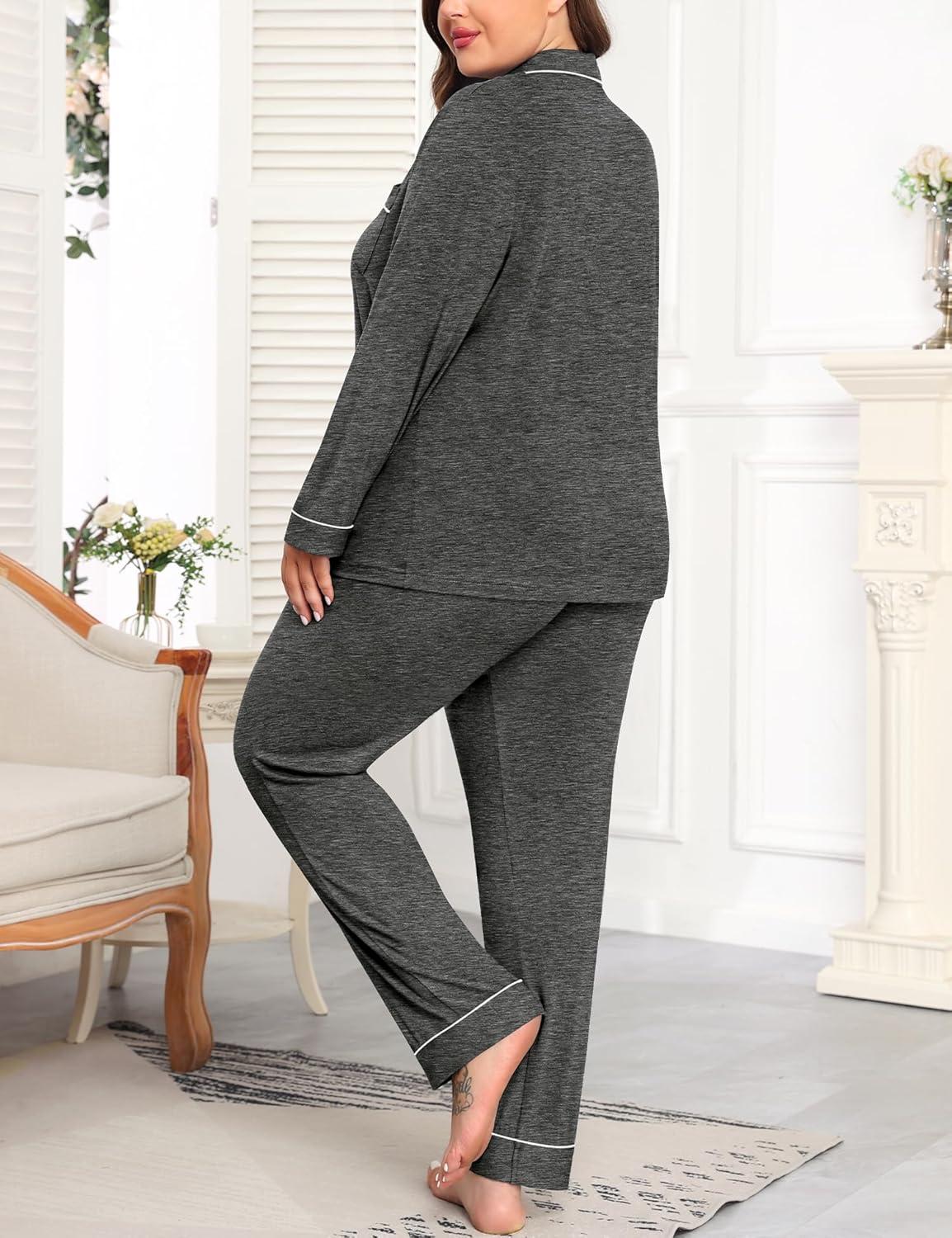 imageSWOMOG Womens Plus Size Pajamas Set Long Sleeve Sleepwear Button Down Tops Soft Pajama Pants 2 Pcs Lounge Sets with PocketDark Grey