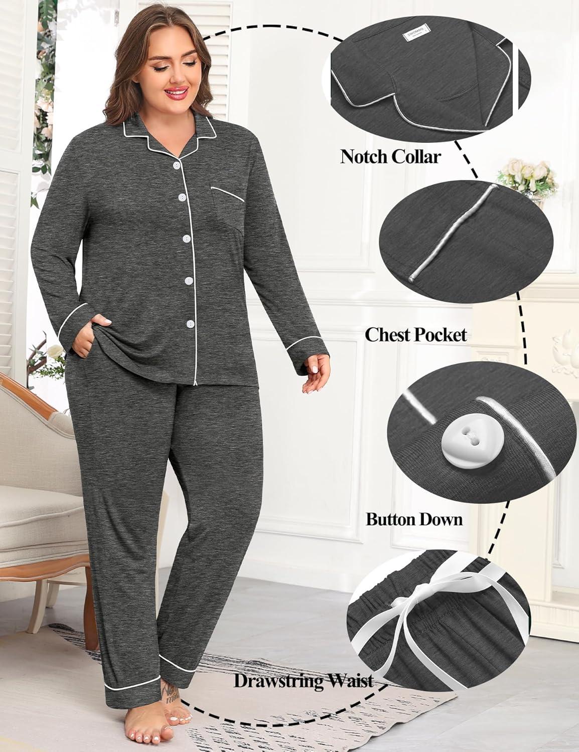 imageSWOMOG Womens Plus Size Pajamas Set Long Sleeve Sleepwear Button Down Tops Soft Pajama Pants 2 Pcs Lounge Sets with PocketDark Grey