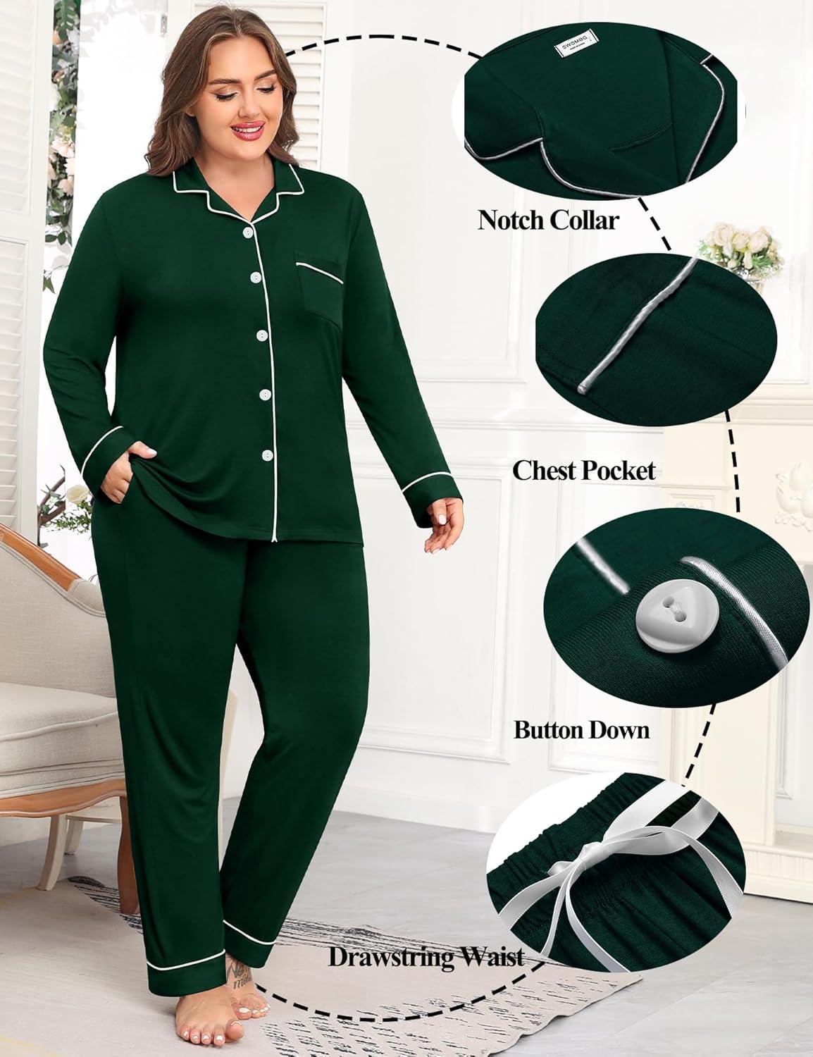 imageSWOMOG Womens Plus Size Pajamas Set Long Sleeve Sleepwear Button Down Tops Soft Pajama Pants 2 Pcs Lounge Sets with PocketGreen