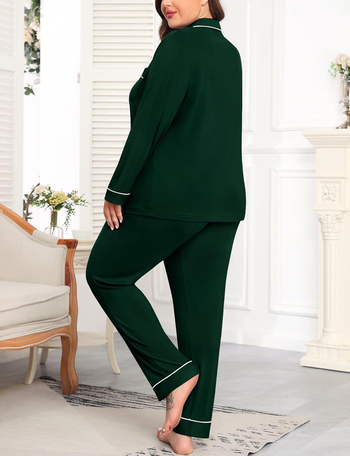 imageSWOMOG Womens Plus Size Pajamas Set Long Sleeve Sleepwear Button Down Tops Soft Pajama Pants 2 Pcs Lounge Sets with PocketGreen