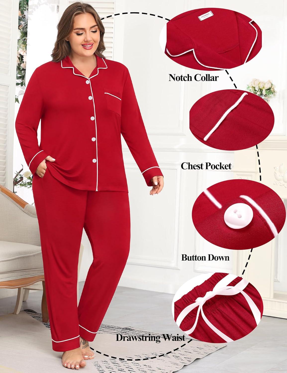 imageSWOMOG Womens Plus Size Pajamas Set Long Sleeve Sleepwear Button Down Tops Soft Pajama Pants 2 Pcs Lounge Sets with PocketRed