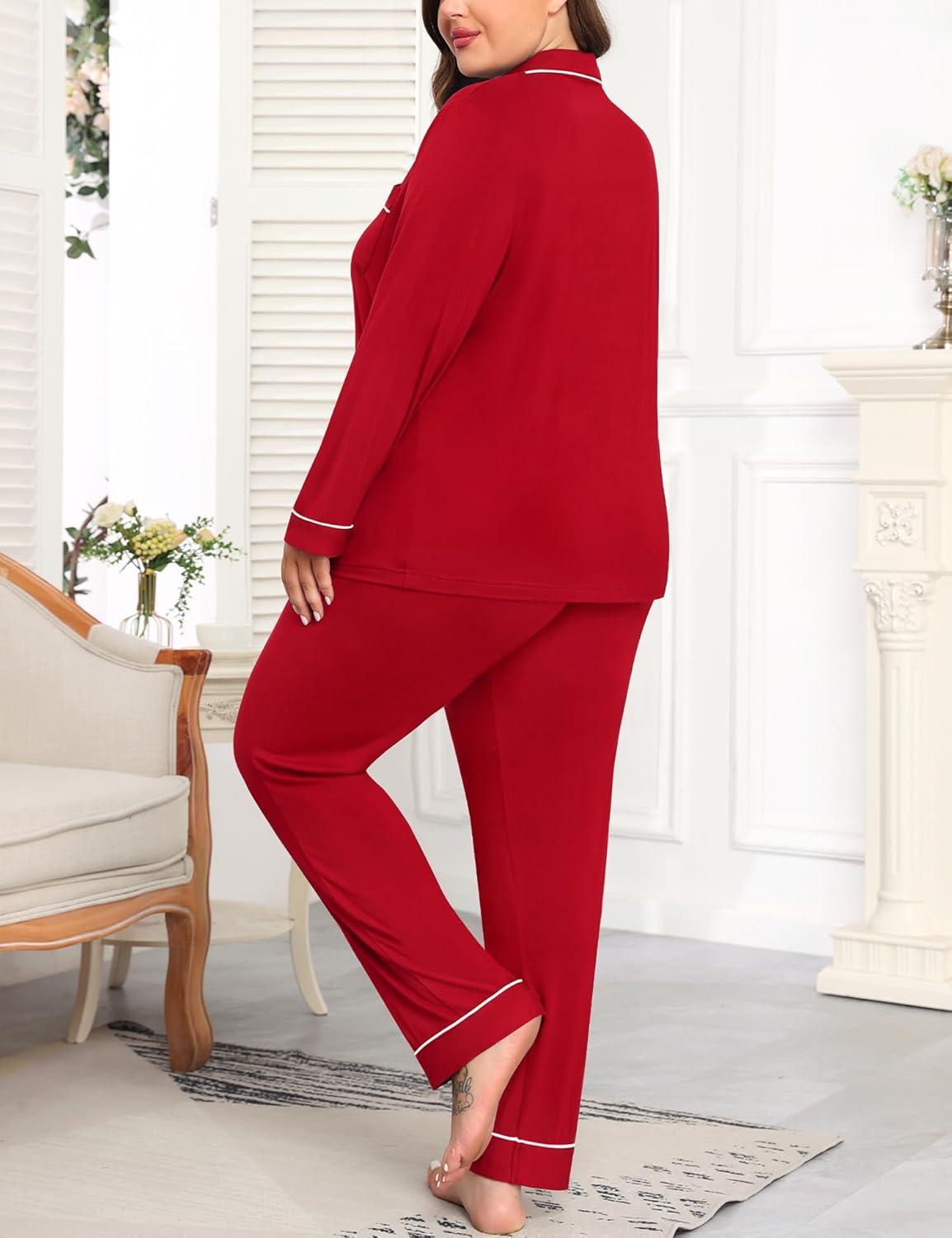 imageSWOMOG Womens Plus Size Pajamas Set Long Sleeve Sleepwear Button Down Tops Soft Pajama Pants 2 Pcs Lounge Sets with PocketRed
