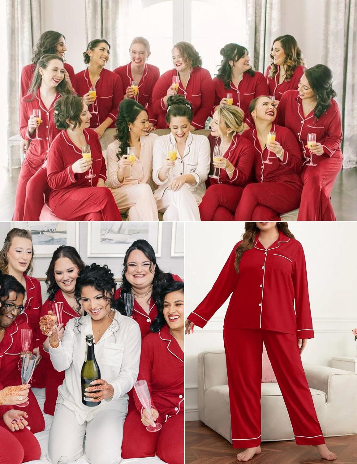 imageSWOMOG Womens Plus Size Pajamas Set Long Sleeve Sleepwear Button Down Tops Soft Pajama Pants 2 Pcs Lounge Sets with PocketRed