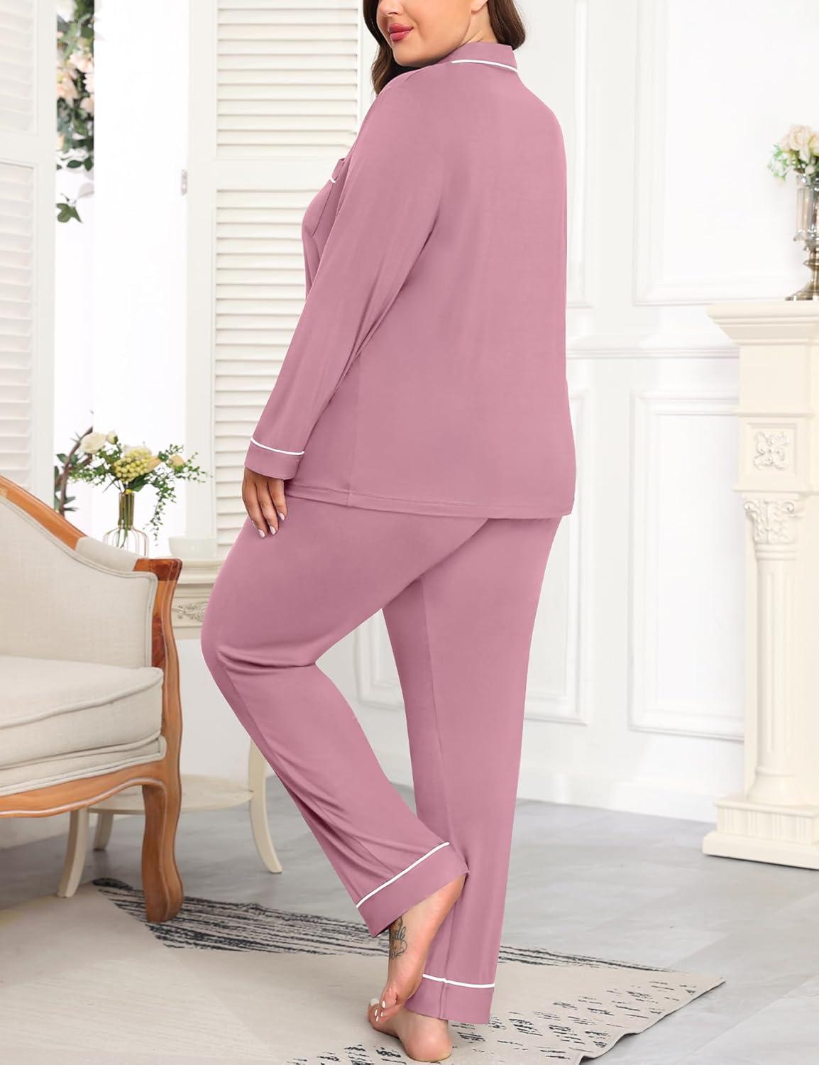 imageSWOMOG Womens Plus Size Pajamas Set Long Sleeve Sleepwear Button Down Tops Soft Pajama Pants 2 Pcs Lounge Sets with PocketTaro Purple
