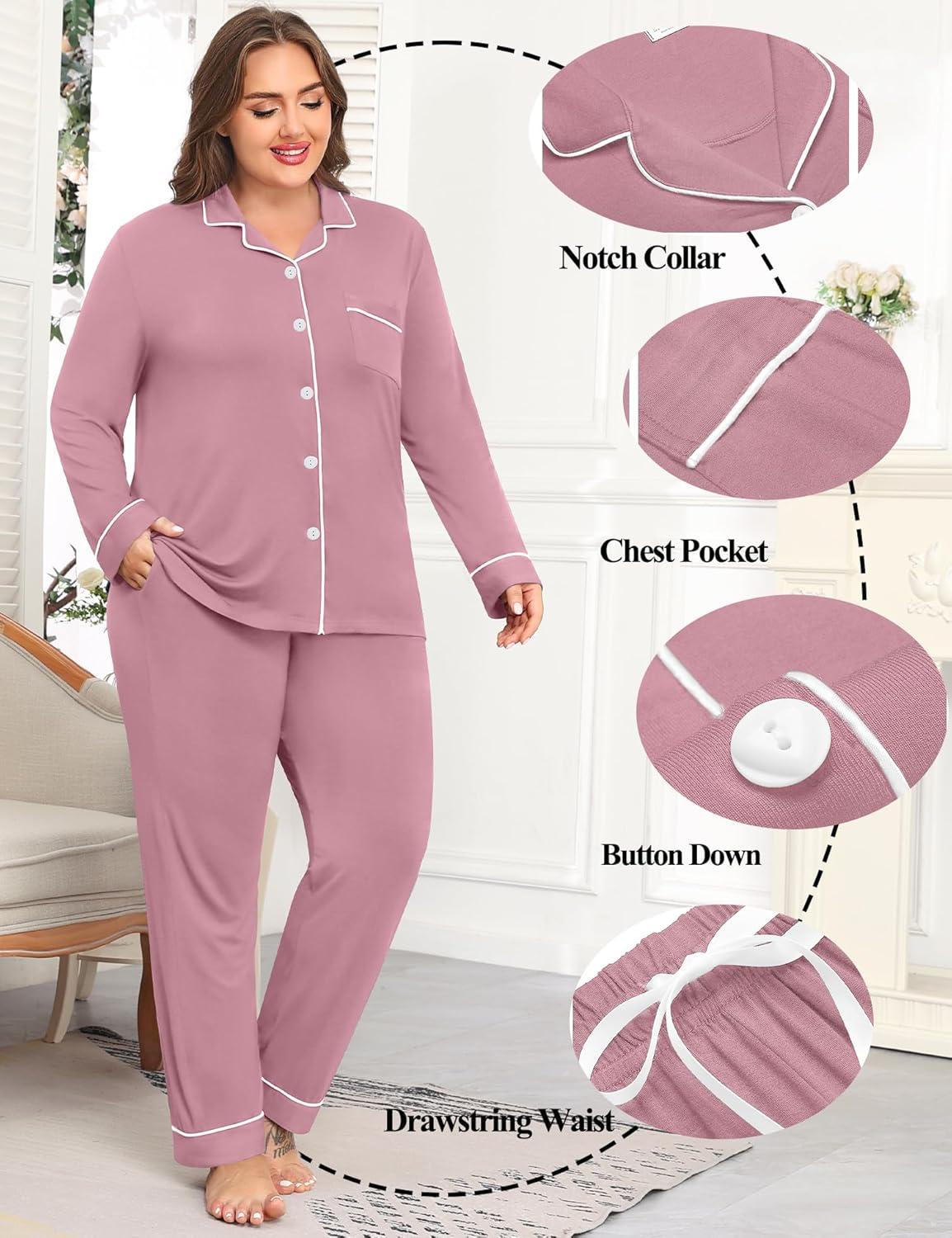 imageSWOMOG Womens Plus Size Pajamas Set Long Sleeve Sleepwear Button Down Tops Soft Pajama Pants 2 Pcs Lounge Sets with PocketTaro Purple