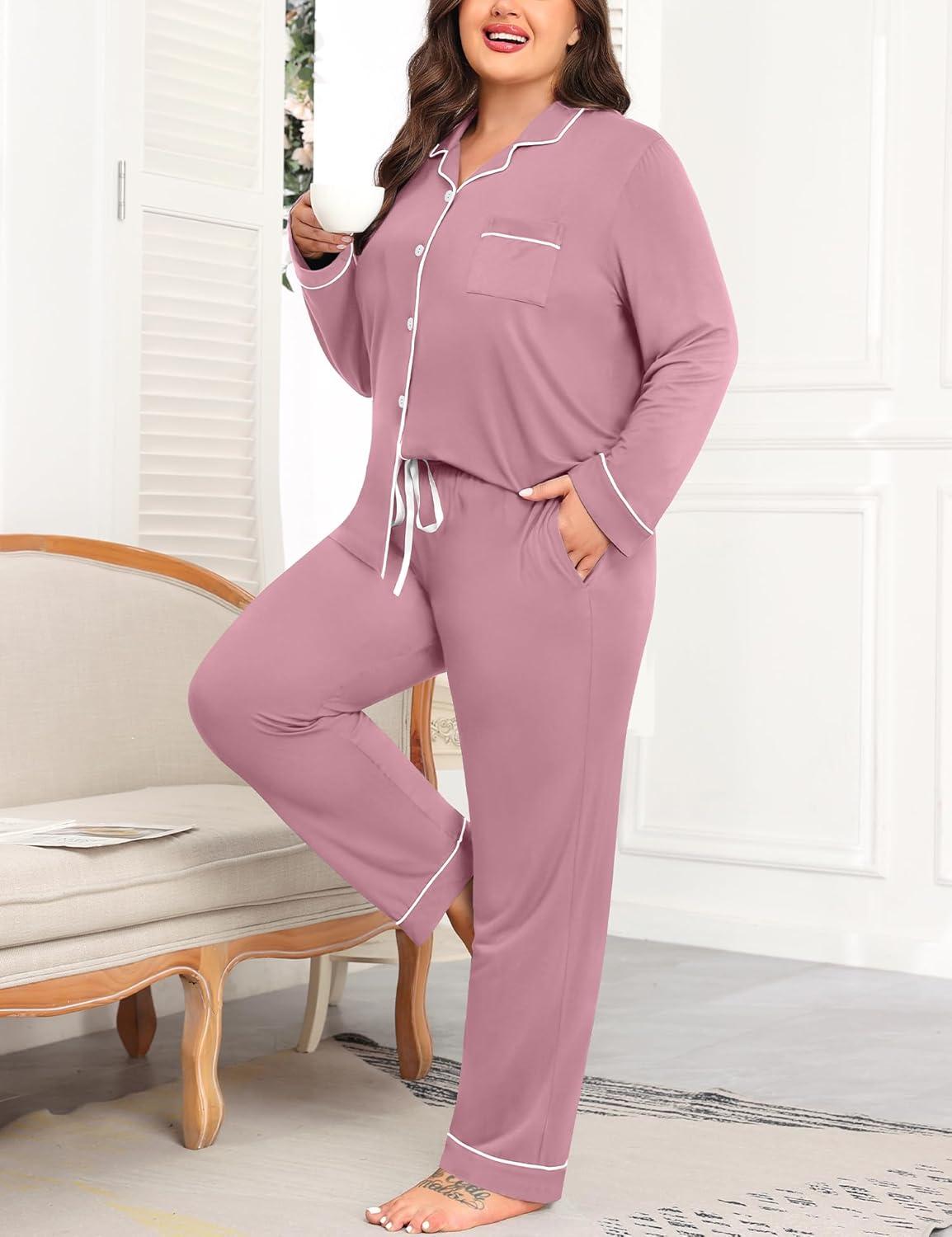 imageSWOMOG Womens Plus Size Pajamas Set Long Sleeve Sleepwear Button Down Tops Soft Pajama Pants 2 Pcs Lounge Sets with PocketTaro Purple