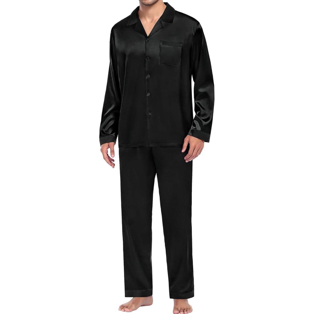 imageSWOMOG Men Pajamas Matching Pajamas Set Silk Satin Pj Long Sleeve Button Down Sleepwear 2 Pcs LoungewearBlack