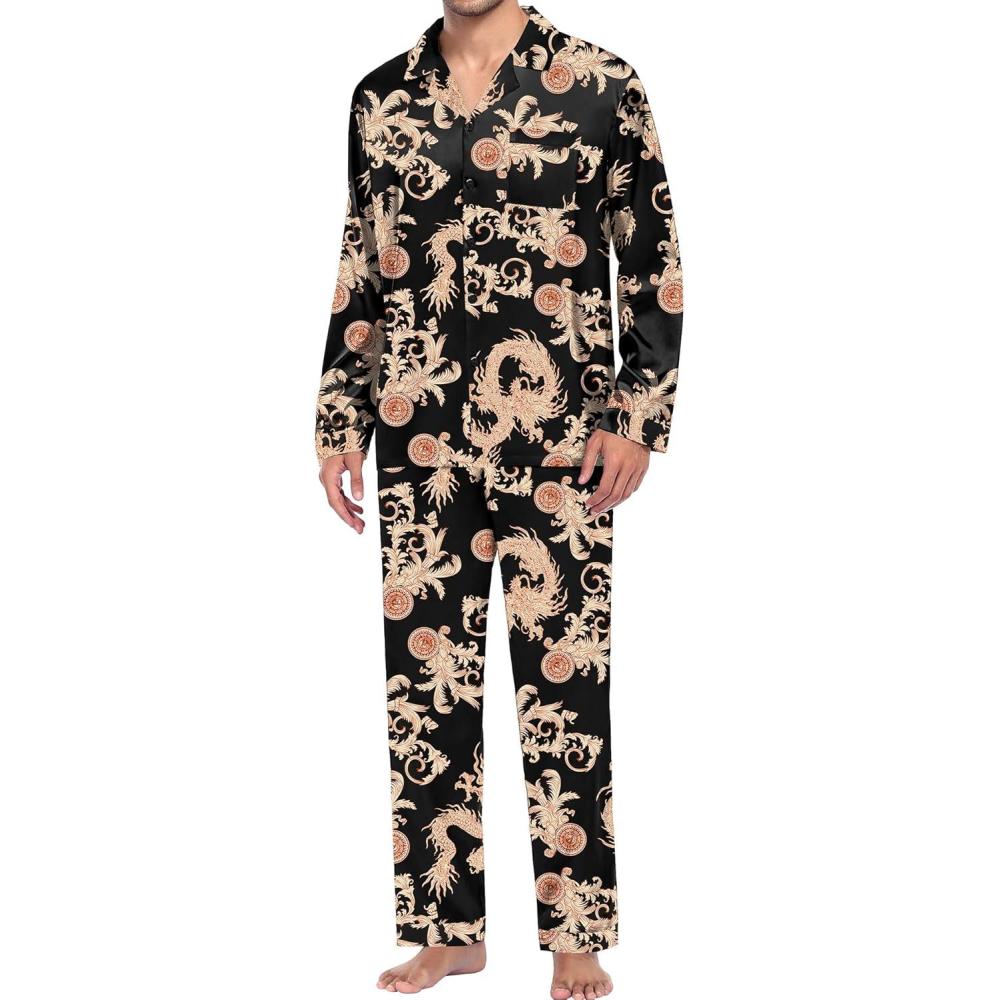 imageSWOMOG Men Pajamas Matching Pajamas Set Silk Satin Pj Long Sleeve Button Down Sleepwear 2 Pcs LoungewearBlack Dragon