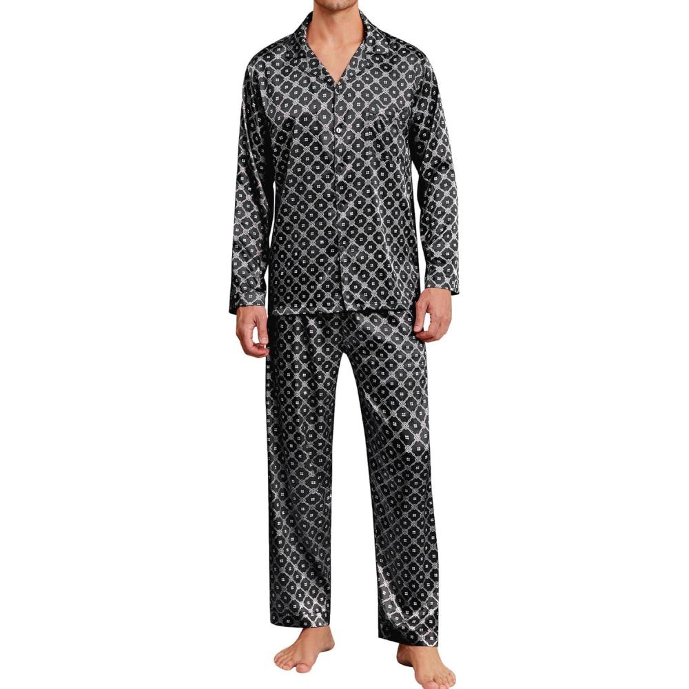 imageSWOMOG Men Pajamas Matching Pajamas Set Silk Satin Pj Long Sleeve Button Down Sleepwear 2 Pcs LoungewearBlack Floral