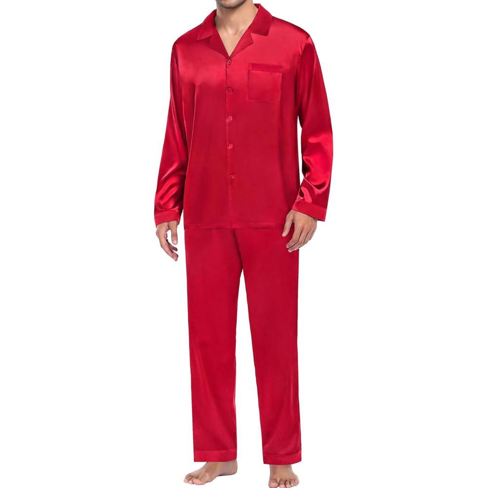 imageSWOMOG Men Pajamas Matching Pajamas Set Silk Satin Pj Long Sleeve Button Down Sleepwear 2 Pcs LoungewearRed