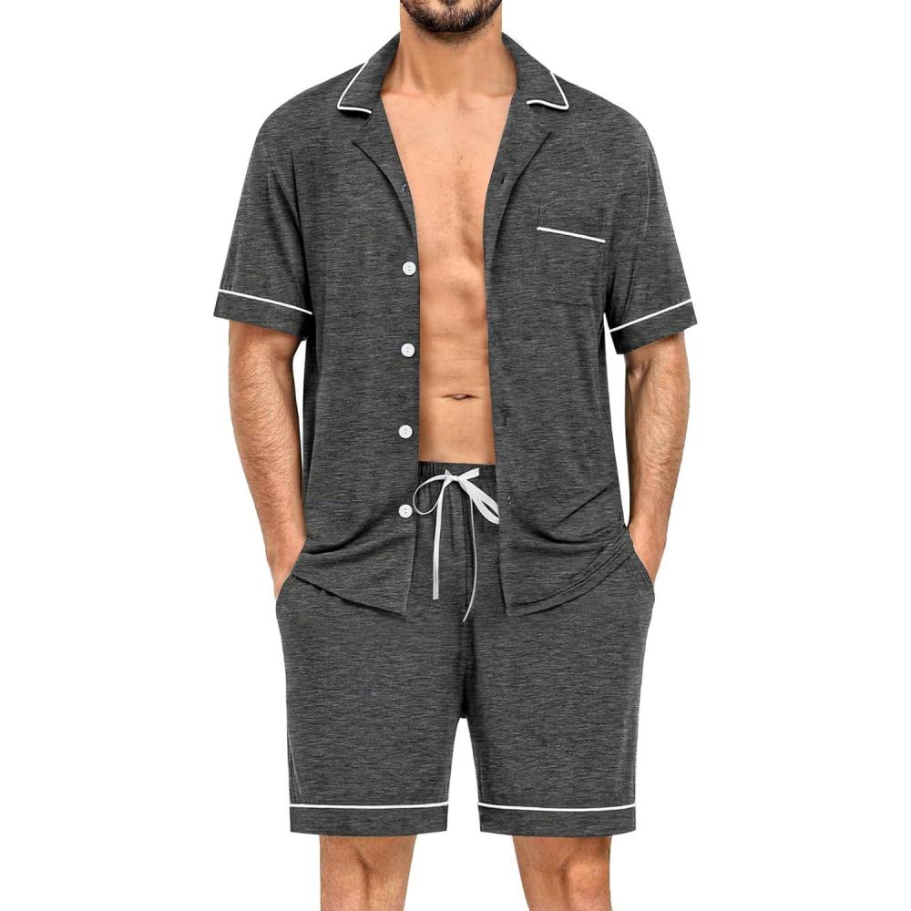 imageSWOMOG Mens Pajama Sets Short Sleeve Sleepwear Button Down Loungewear Soft Modal Lounge Pjs with Pockets SXXLDark Grey