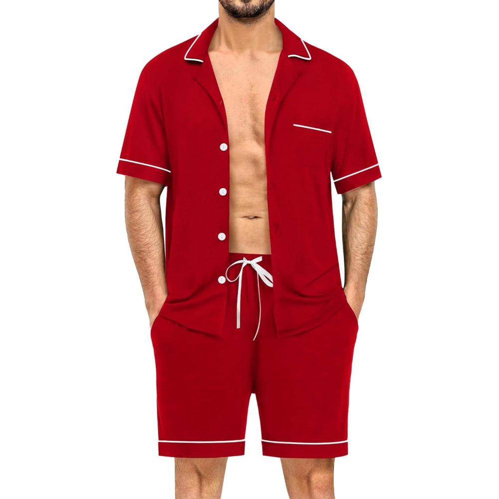 imageSWOMOG Mens Pajama Sets Short Sleeve Sleepwear Button Down Loungewear Soft Modal Lounge Pjs with Pockets SXXLRed