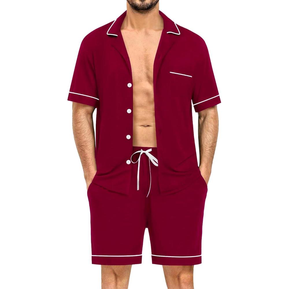 imageSWOMOG Mens Pajama Sets Short Sleeve Sleepwear Button Down Loungewear Soft Modal Lounge Pjs with Pockets SXXLWine Red
