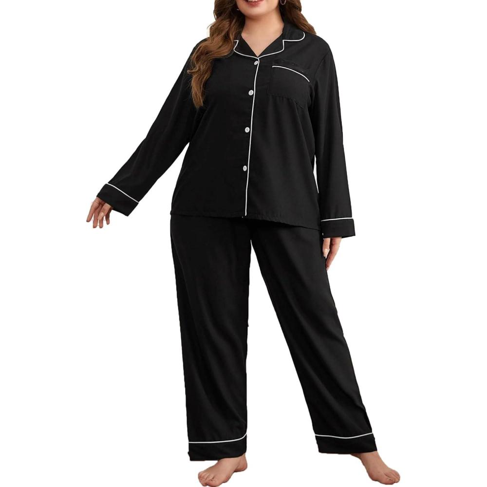 imageSWOMOG Womens Plus Size Pajamas Set Long Sleeve Sleepwear Button Down Tops Soft Pajama Pants 2 Pcs Lounge Sets with PocketBlack