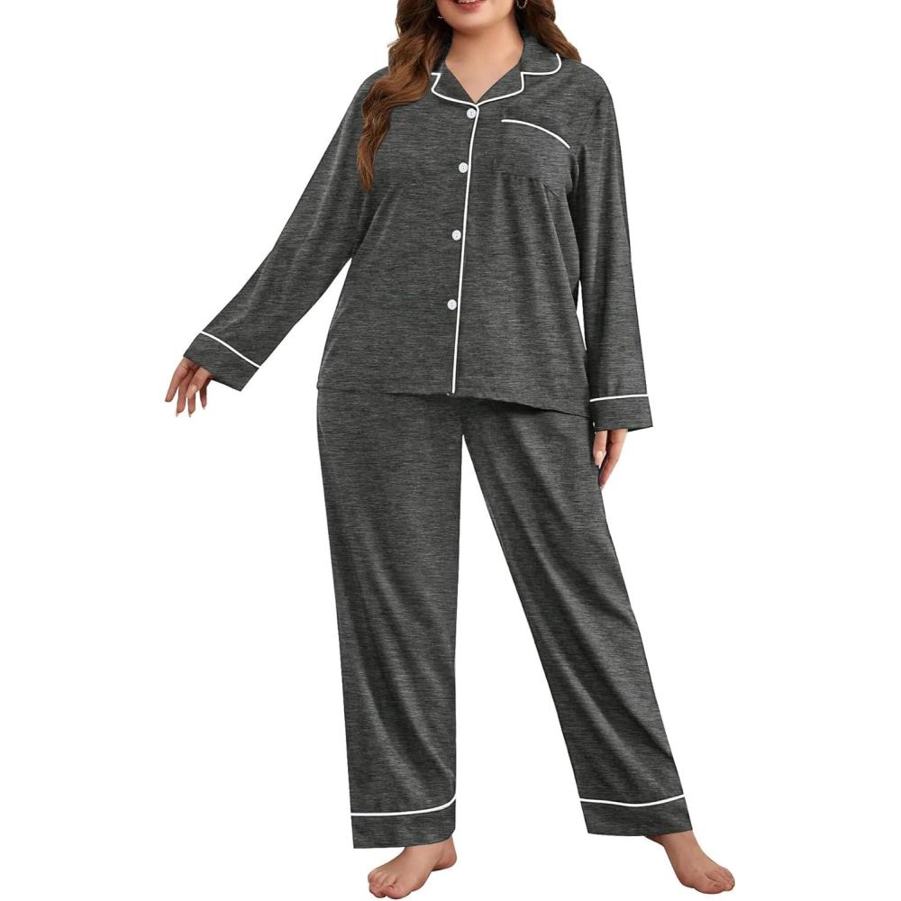 imageSWOMOG Womens Plus Size Pajamas Set Long Sleeve Sleepwear Button Down Tops Soft Pajama Pants 2 Pcs Lounge Sets with PocketDark Grey