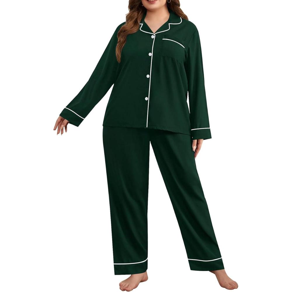 imageSWOMOG Womens Plus Size Pajamas Set Long Sleeve Sleepwear Button Down Tops Soft Pajama Pants 2 Pcs Lounge Sets with PocketGreen