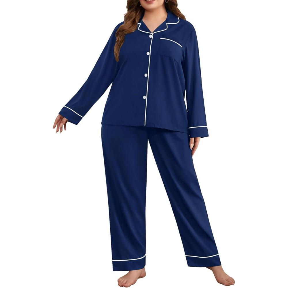 imageSWOMOG Womens Plus Size Pajamas Set Long Sleeve Sleepwear Button Down Tops Soft Pajama Pants 2 Pcs Lounge Sets with PocketNavy Blue