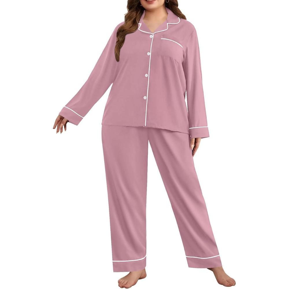 imageSWOMOG Womens Plus Size Pajamas Set Long Sleeve Sleepwear Button Down Tops Soft Pajama Pants 2 Pcs Lounge Sets with PocketTaro Purple