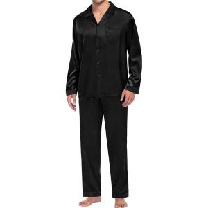 SWOMOG Men Pajamas Matching Pajamas Set Silk Satin Pj Long Sleeve Button Down Sleepwear 2 Pcs Loungewear(Black)