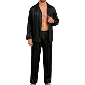 SWOMOG Men Pajamas Matching Pajamas Set Silk Satin Pj Long Sleeve Button Down Sleepwear 2 Pcs Loungewear(Black Stripe)