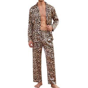 SWOMOG Men Pajamas Matching Pajamas Set Silk Satin Pj Long Sleeve Button Down Sleepwear 2 Pcs Loungewear(Leopard Print)