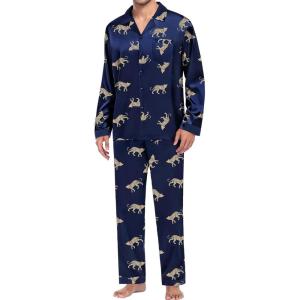 SWOMOG Men Pajamas Matching Pajamas Set Silk Satin Pj Long Sleeve Button Down Sleepwear 2 Pcs Loungewear(Navy Blue Leopard)