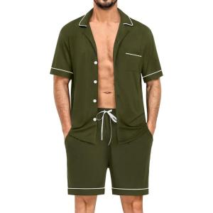 SWOMOG Mens Pajama Sets Short Sleeve Sleepwear Button Down Loungewear Soft Modal Lounge Pjs with Pockets S-XXL(Army Green)