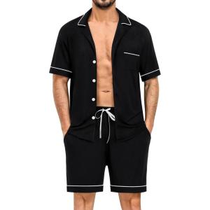 SWOMOG Mens Pajama Sets Short Sleeve Sleepwear Button Down Loungewear Soft Modal Lounge Pjs with Pockets S-XXL(Black)
