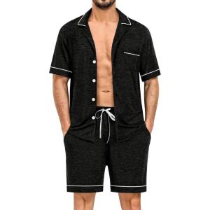 SWOMOG Mens Pajama Sets Short Sleeve Sleepwear Button Down Loungewear Soft Modal Lounge Pjs with Pockets S-XXL(Black Grey)