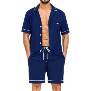 SWOMOG Mens Pajama Sets Short Sleeve Sleepwear Button Down Loungewear Soft Modal Lounge Pjs with Pockets S-XXL(Navy Blue)
