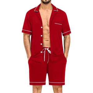 SWOMOG Mens Pajama Sets Short Sleeve Sleepwear Button Down Loungewear Soft Modal Lounge Pjs with Pockets S-XXL(Red)