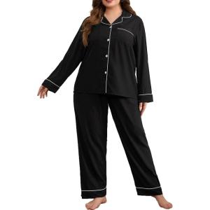 SWOMOG Women’s Plus Size Pajamas Set Long Sleeve Sleepwear Button Down Tops Soft Pajama Pants 2 Pcs Lounge Sets with Pocket(Black)