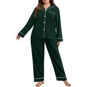 SWOMOG Women’s Plus Size Pajamas Set Long Sleeve Sleepwear Button Down Tops Soft Pajama Pants 2 Pcs Lounge Sets with Pocket(Green)