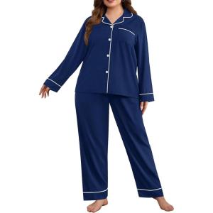 SWOMOG Women’s Plus Size Pajamas Set Long Sleeve Sleepwear Button Down Tops Soft Pajama Pants 2 Pcs Lounge Sets with Pocket(Navy Blue)